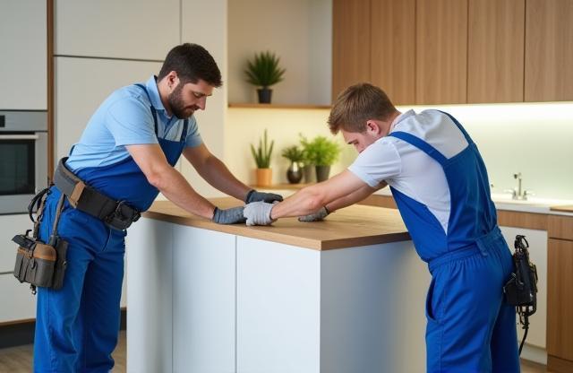 Squadra di installatori mentre monta una cucina